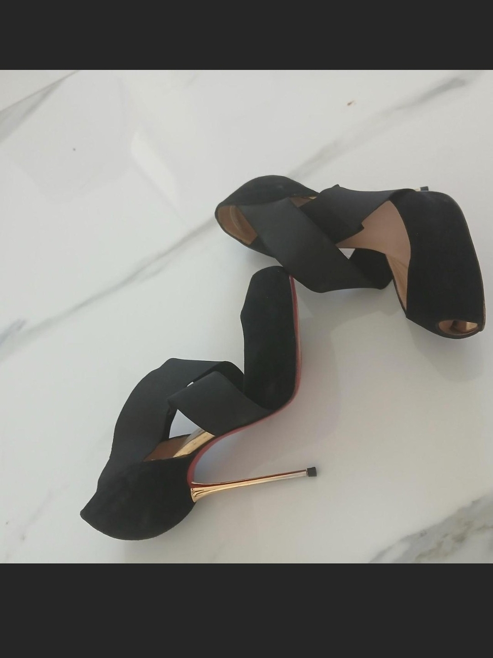 Black Suede Crisscross Peep-Toe Stiletto Heels